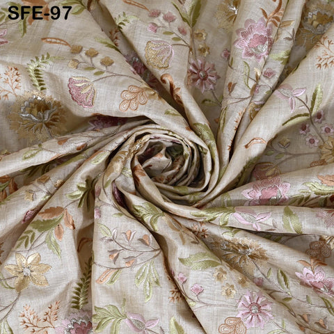 Pure Tussar Silk Embroidered Fabric by yard Indian Ivory Embroidery Raw Silk Wild Natural Handmade Peace Silk Tussah Dress Material