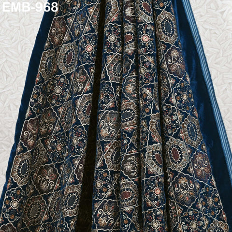 Teal Embroidery Velvet Fabric by the yard for Wedding Dress Regency Reticules, Victorian Handbags, Clutches, Marie Antoinette Junk Journal