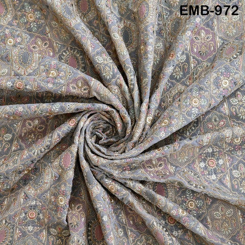 Grey Embroidery Velvet Fabric by the yard for Wedding Dress Regency Reticules, Victorian Handbags, Clutches, Marie Antoinette Junk Journal
