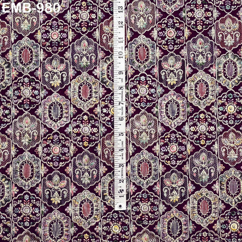 Plum Embroidered Fabric by the yard Sewing DIY Crafting Embroidery Dresses Costumes Regency Reticules Victorian Handbags Junk Journals