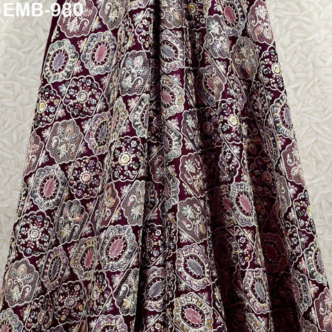 Plum Embroidered Fabric by the yard Sewing DIY Crafting Embroidery Dresses Costumes Regency Reticules Victorian Handbags Junk Journals