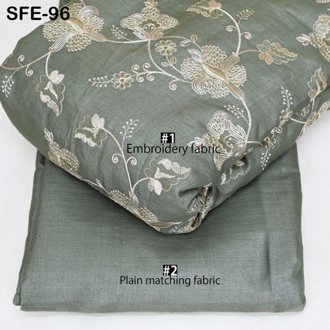 Grey Pure Tussar Silk Embroidered Fabric Indian Embroidery Raw Silk Wild Natural Handmade Fabric Peace Silk Tussah Dress Material