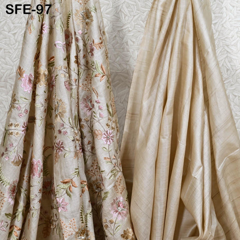 Pure Tussar Silk Embroidered Fabric by yard Indian Ivory Embroidery Raw Silk Wild Natural Handmade Peace Silk Tussah Dress Material