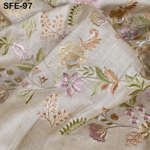 Pure Tussar Silk Embroidered Fabric by yard Indian Ivory Embroidery Raw Silk Wild Natural Handmade Peace Silk Tussah Dress Material