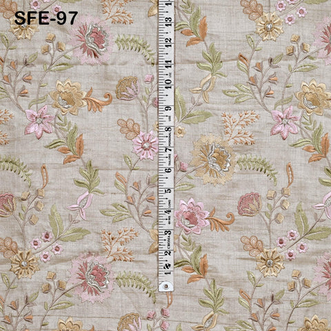 Ivory Tussar Silk Embroidered Fabric by the Yard