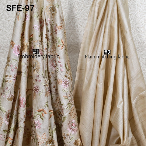 Pure Tussar Silk Embroidered Fabric by yard Indian Ivory Embroidery Raw Silk Wild Natural Handmade Peace Silk Tussah Dress Material