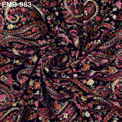 Embroidery Velvet Fabric by the yard for Indian Wedding Dress Regency Reticules, Victorian Handbags, Clutches, Marie Antoinette Junk Journal