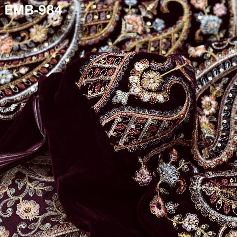 Embroidery Velvet Fabric by the yard for Indian Wedding Dress Regency Reticules, Victorian Handbags, Marie Antoinette Junk Journal Plum