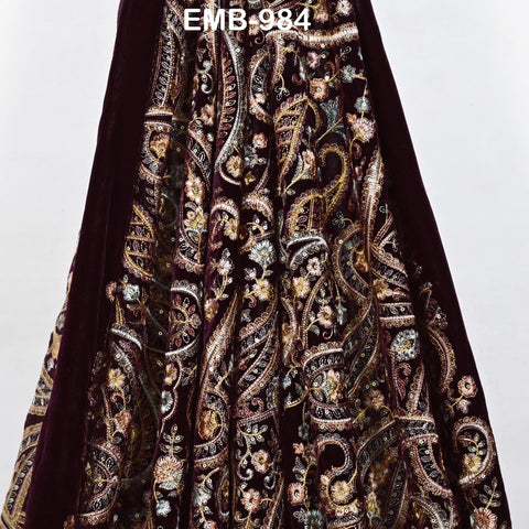 Embroidery Velvet Fabric by the yard for Indian Wedding Dress Regency Reticules, Victorian Handbags, Marie Antoinette Junk Journal Plum