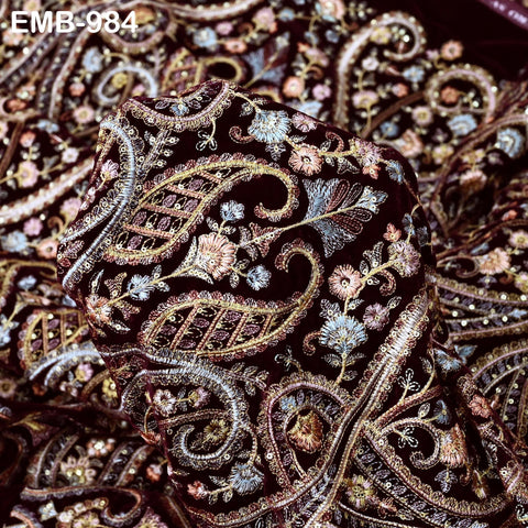 Embroidery Velvet Fabric by the yard for Indian Wedding Dress Regency Reticules, Victorian Handbags, Marie Antoinette Junk Journal Plum