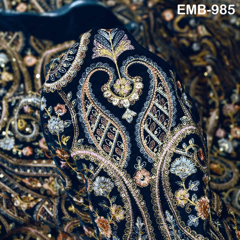 Embroidery Velvet Fabric by the yard for Indian Wedding Dress Regency Reticules, Victorian Handbags, Marie Antoinette Junk Journal Teal Blue