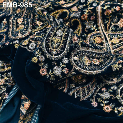 Embroidery Velvet Fabric by the yard for Indian Wedding Dress Regency Reticules, Victorian Handbags, Marie Antoinette Junk Journal Teal Blue