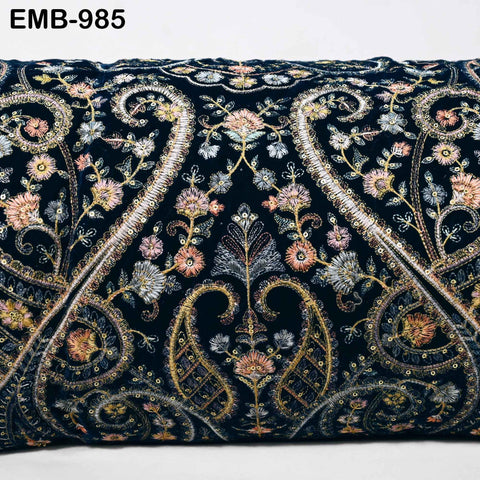 Embroidery Velvet Fabric by the yard for Indian Wedding Dress Regency Reticules, Victorian Handbags, Marie Antoinette Junk Journal Teal Blue