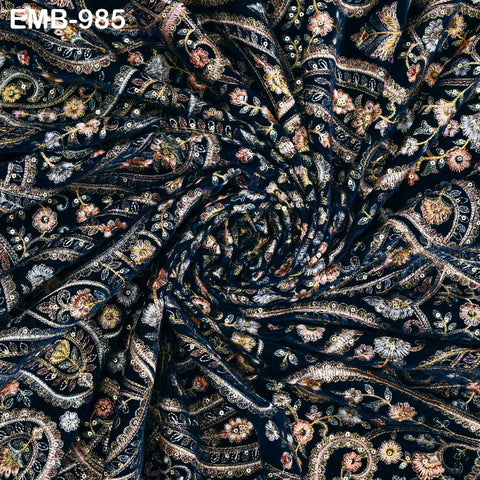 Embroidery Velvet Fabric by the yard for Indian Wedding Dress Regency Reticules, Victorian Handbags, Marie Antoinette Junk Journal Teal Blue