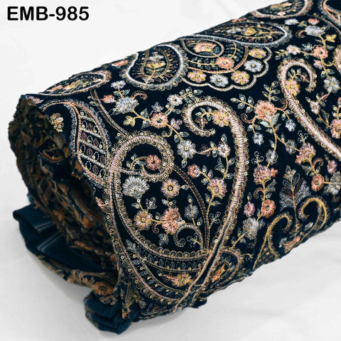 Embroidery Velvet Fabric by the yard for Indian Wedding Dress Regency Reticules, Victorian Handbags, Marie Antoinette Junk Journal Teal Blue