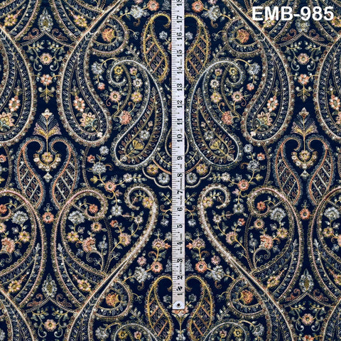 Embroidery Velvet Fabric by the yard for Indian Wedding Dress Regency Reticules, Victorian Handbags, Marie Antoinette Junk Journal Teal Blue