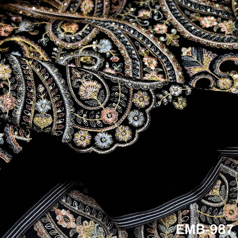 Black Embroidered Velvet Fabric, Indian Sewing Material, 54" Wide