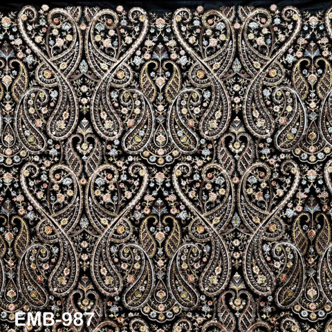 Black Embroidered Velvet Fabric, Indian Sewing Material, 54" Wide