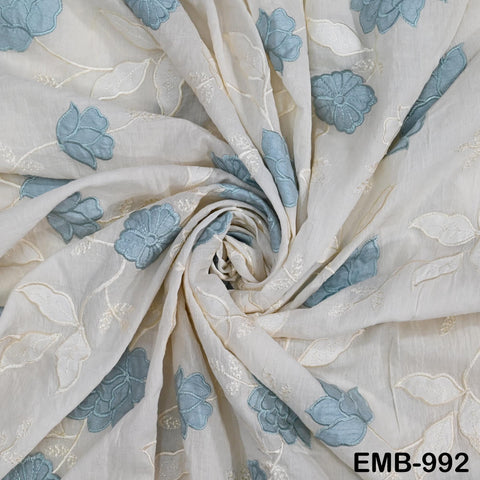 Ivory Embroidered Cotton Fabric by the Yard Patchwork Indian Embroidery Sewing Fabric DIY Summer Dresses Dolls Home Decor