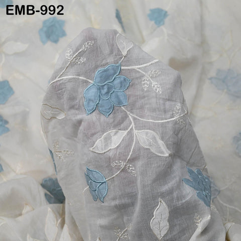 Ivory Embroidered Cotton Fabric by the Yard Patchwork Indian Embroidery Sewing Fabric DIY Summer Dresses Dolls Home Decor