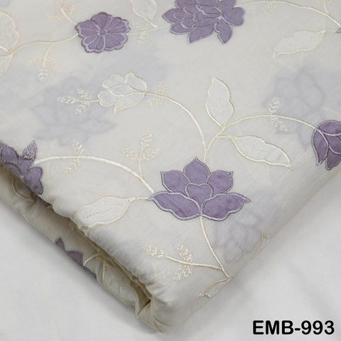 Lavender Floral Embroidered Cotton Fabric - Indian Sewing Fabric, 44" Wide