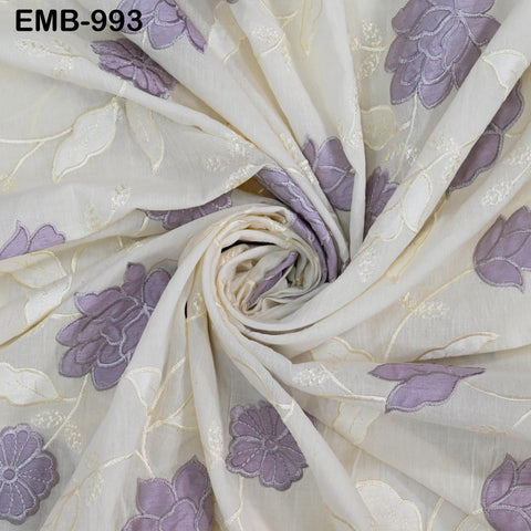 Lavender Floral Embroidered Cotton Fabric - Indian Sewing Fabric, 44" Wide