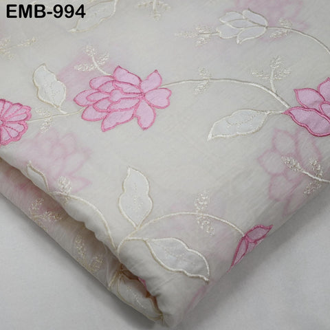 Pink Floral Embroidered Cotton Fabric - Indian Sewing Fabric, 44" Wide