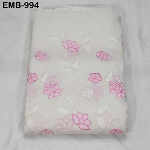 Pink Floral Embroidered Cotton Fabric - Indian Sewing Fabric, 44" Wide