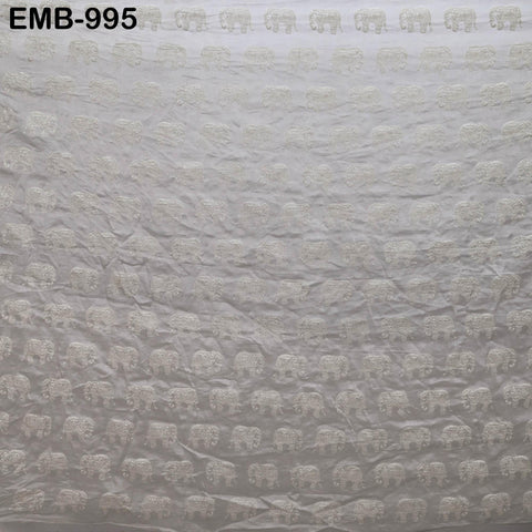 Grey Elephant Embroidery Chanderi Fabric - Indian Sewing Embroidered Fabric, 44" Wide