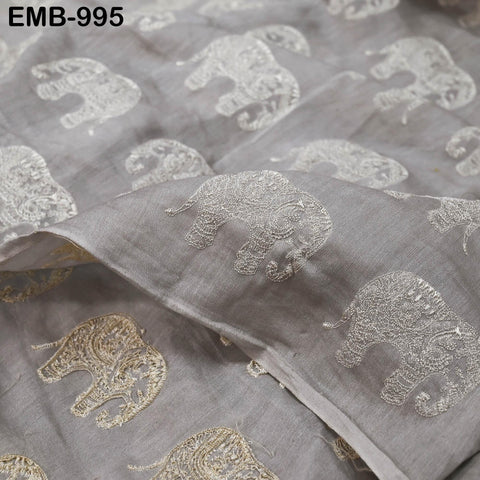 Grey Elephant Embroidery Chanderi Fabric - Indian Sewing Embroidered Fabric, 44" Wide