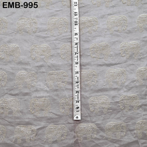Grey Elephant Embroidery Chanderi Fabric - Indian Sewing Embroidered Fabric, 44" Wide