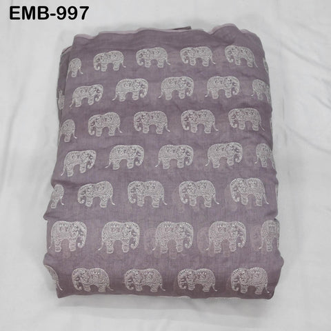 Mauve Elephant Embroidery Chanderi Fabric - Indian Sewing Embroidered Fabric, 44" Wide