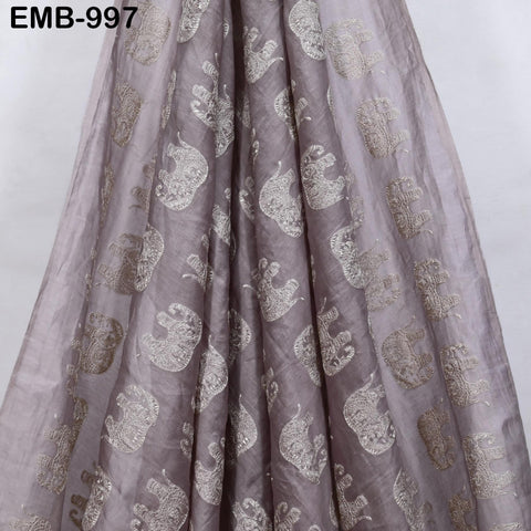 Mauve Elephant Embroidery Chanderi Fabric - Indian Sewing Embroidered Fabric, 44" Wide