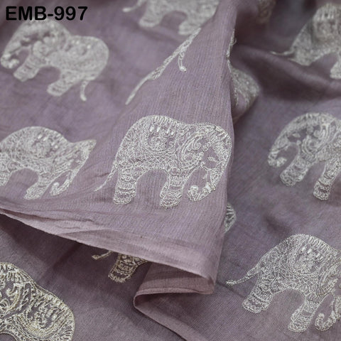 Mauve Elephant Embroidery Chanderi Fabric - Indian Sewing Embroidered Fabric, 44" Wide