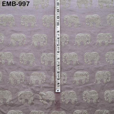 Mauve Elephant Embroidery Chanderi Fabric - Indian Sewing Embroidered Fabric, 44" Wide