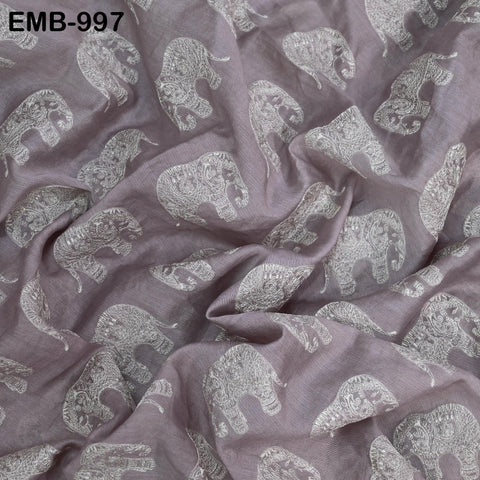 Mauve Elephant Embroidery Chanderi Fabric - Indian Sewing Embroidered Fabric, 44" Wide