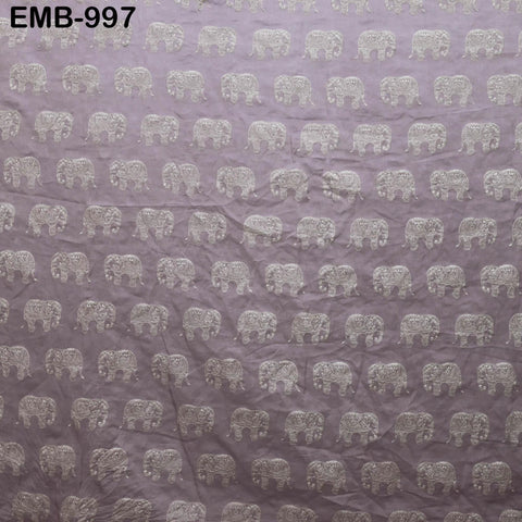 Mauve Elephant Embroidery Chanderi Fabric - Indian Sewing Embroidered Fabric, 44" Wide