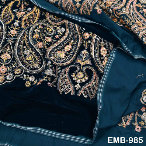 Embroidery Velvet Fabric by the yard for Indian Wedding Dress Regency Reticules, Victorian Handbags, Marie Antoinette Junk Journal Teal Blue