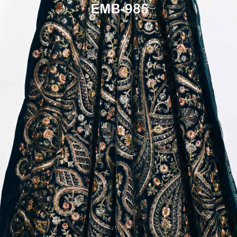 Embroidery Velvet Fabric by the yard for Indian Wedding Dress Regency Reticules, Victorian Handbags, Marie Antoinette Junk Journal Teal Blue