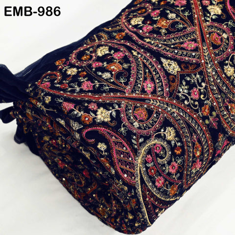 Embroidery Velvet Fabric by the yard for Indian Wedding Dress Regency Reticules, Victorian Handbags, Clutches, Marie Antoinette Junk Journal