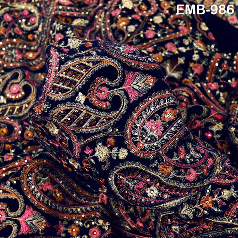 Embroidery Velvet Fabric by the yard for Indian Wedding Dress Regency Reticules, Victorian Handbags, Clutches, Marie Antoinette Junk Journal