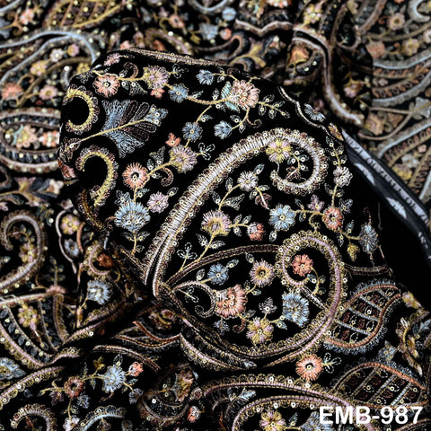 Black Embroidered Velvet Fabric, Indian Sewing Material, 54" Wide