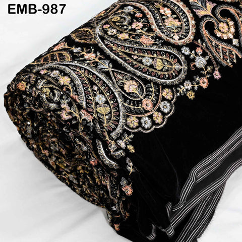 Black Embroidered Velvet Fabric, Indian Sewing Material, 54" Wide