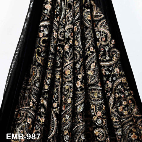 Black Embroidered Velvet Fabric, Indian Sewing Material, 54" Wide