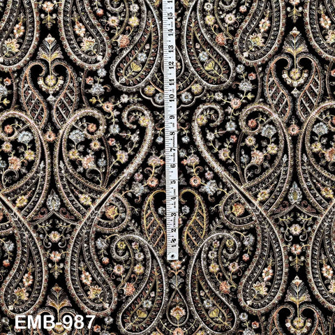 Black Embroidered Velvet Fabric, Indian Sewing Material, 54" Wide