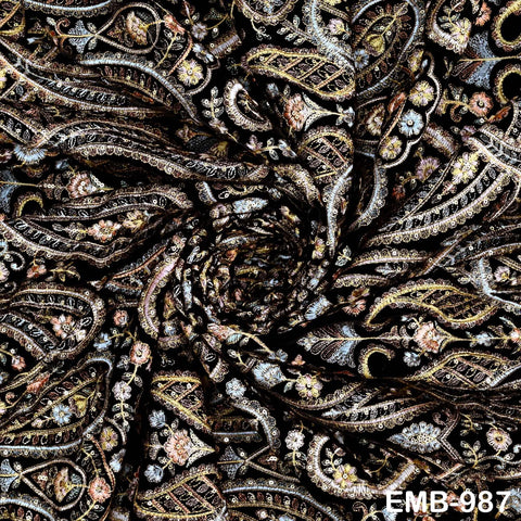 Black Embroidered Velvet Fabric, Indian Sewing Material, 54" Wide