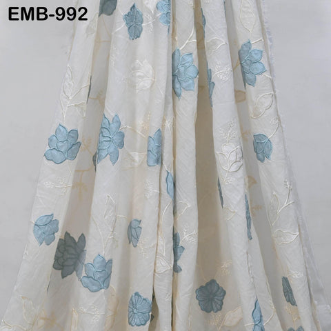 Ivory Embroidered Cotton Fabric by the Yard Patchwork Indian Embroidery Sewing Fabric DIY Summer Dresses Dolls Home Decor