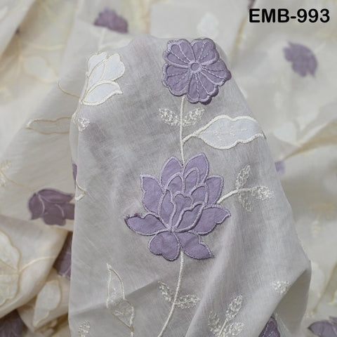 Lavender Floral Embroidered Cotton Fabric - Indian Sewing Fabric, 44" Wide
