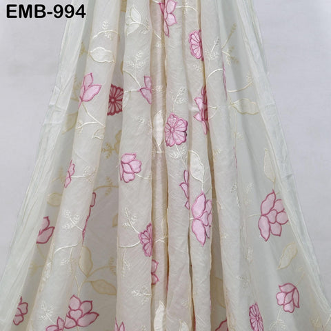 Pink Floral Embroidered Cotton Fabric - Indian Sewing Fabric, 44" Wide