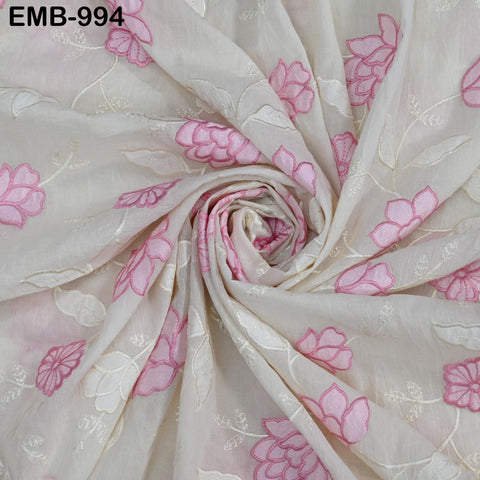 Pink Floral Embroidered Cotton Fabric - Indian Sewing Fabric, 44" Wide